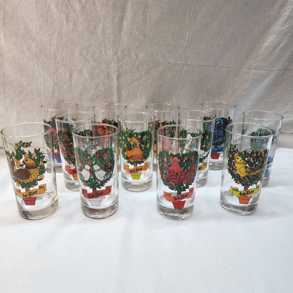 Vintage Full set of12 Days of Christmas Glasses Indiana Glass complete set U